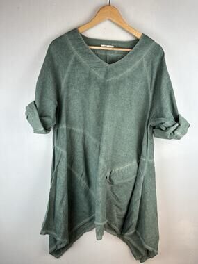 Catwalk Studio Sz M Green Linen Cotton Lagenlook Tunic Pocket Asymmetric Flowy